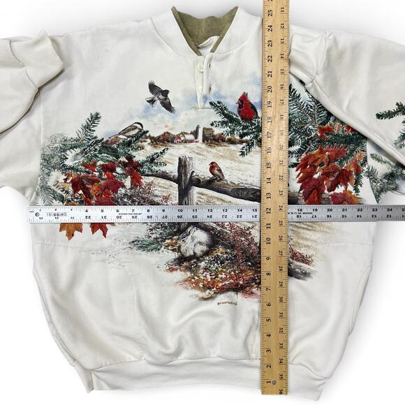 Vintage Art Unlimited Winter Birds Henley Crewneck Sweatshirt Chickadee Cardinal - Picture 9 of 9